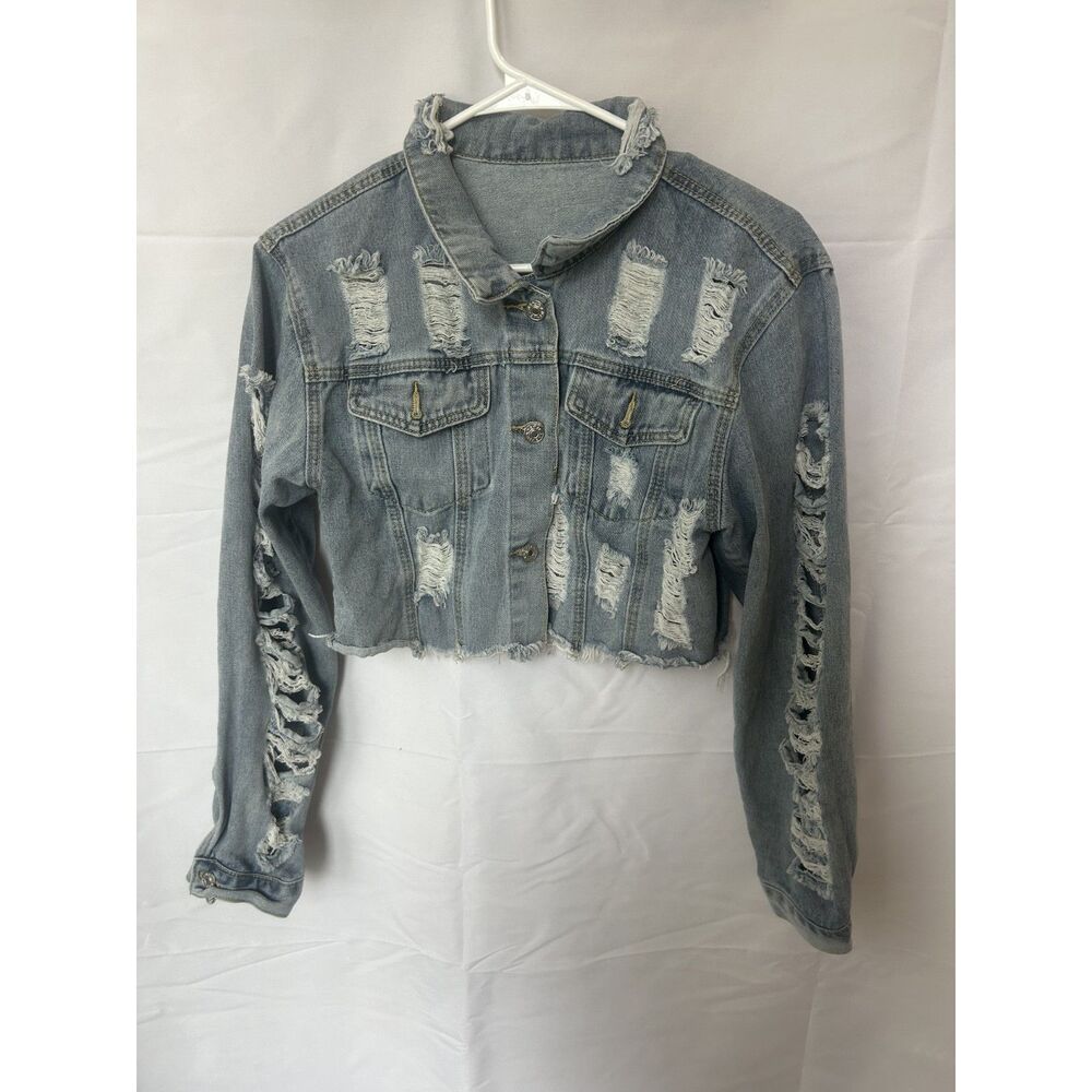 Distressed Denim Jean Jacket Women's Cropped Fashion Punk 85% Cotton Size L
